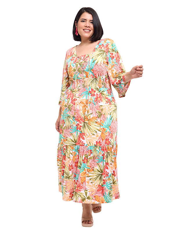 Vestido largo con jareta en escote y manga kimono
