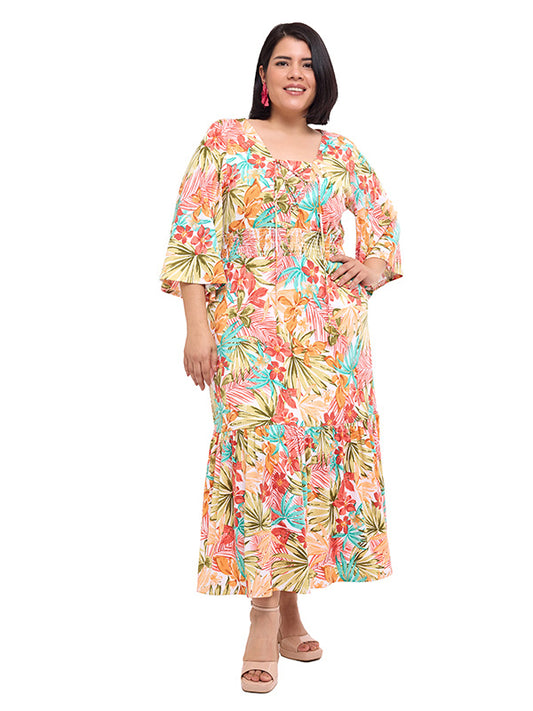 Vestido largo con jareta en escote y manga kimono