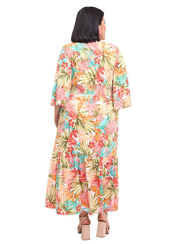 Vestido largo con jareta en escote y manga kimono