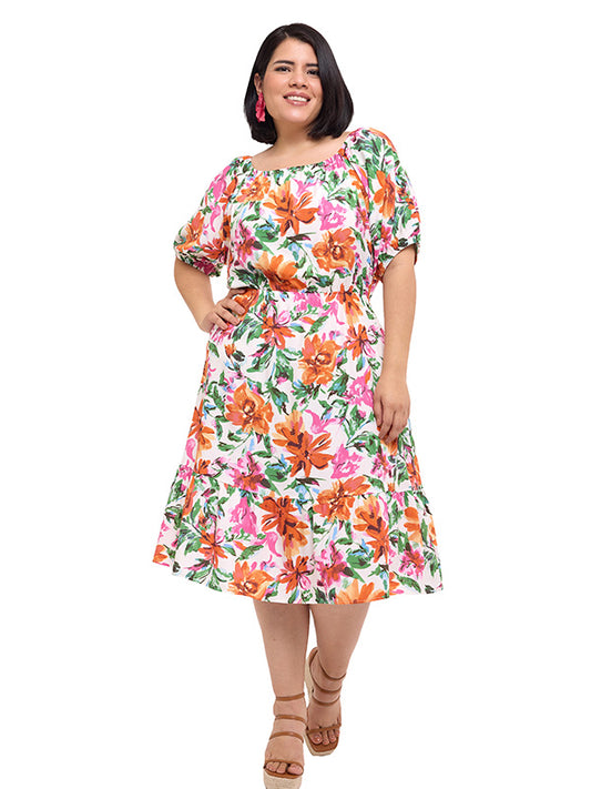 Vestido con escote cuadrado y manga abullonada