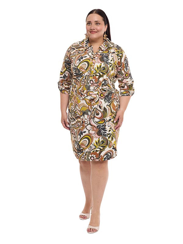 Vestido Estampado para Dama Cuello Camisero con Elevador y Cinta