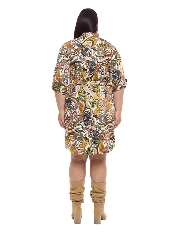 Vestido Estampado para Dama Cuello Camisero con Elevador y Cinta