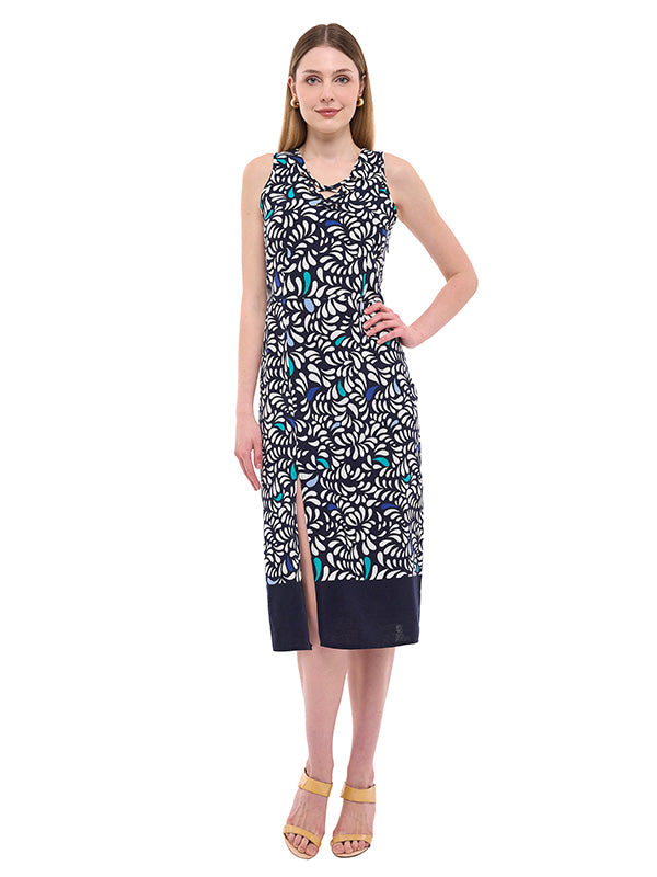 Vestido Largo de Lino Estampado Multiformas con Escote en V