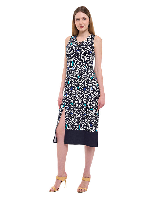 Vestido Largo de Lino Estampado Multiformas con Escote en V