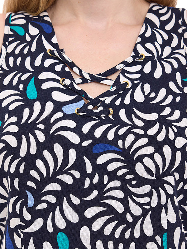 Vestido Largo de Lino Estampado Multiformas con Escote en V