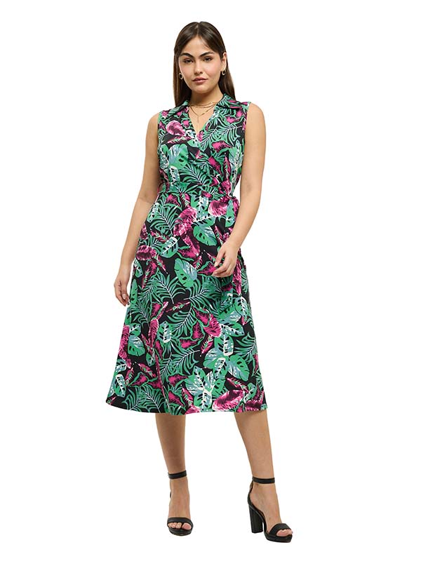 Vestido de Jersey Estampado Floral con Cinturón en Cintura