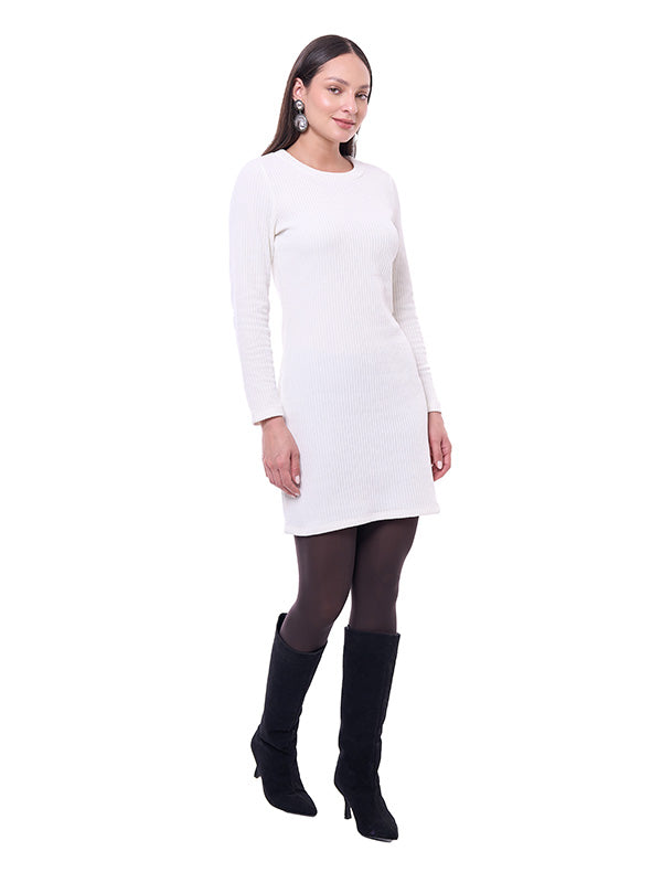 Vestido Corto de Pana Liso con Cuello Redondo y Manga Larga