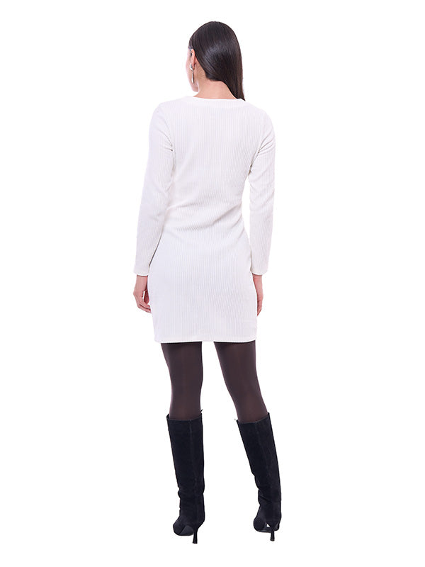 Vestido Corto de Pana Liso con Cuello Redondo y Manga Larga
