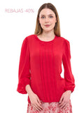 Blusa de Tafetán Lisa de Manga Larga con Botón