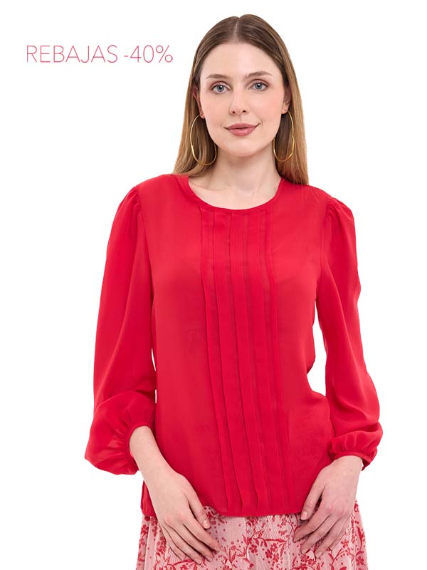 Blusa de Tafetán Lisa de Manga Larga con Botón
