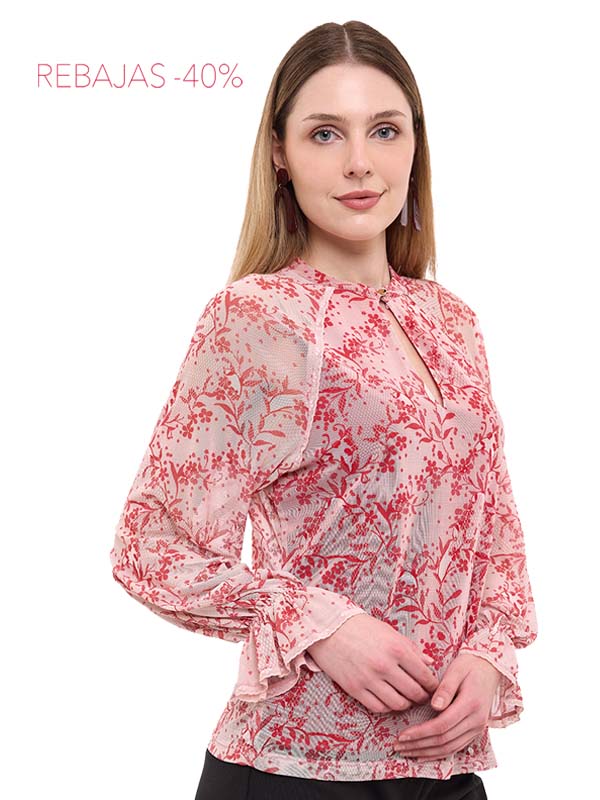 Blusa Mesh Estampado Floral de Manga Larga con Botón