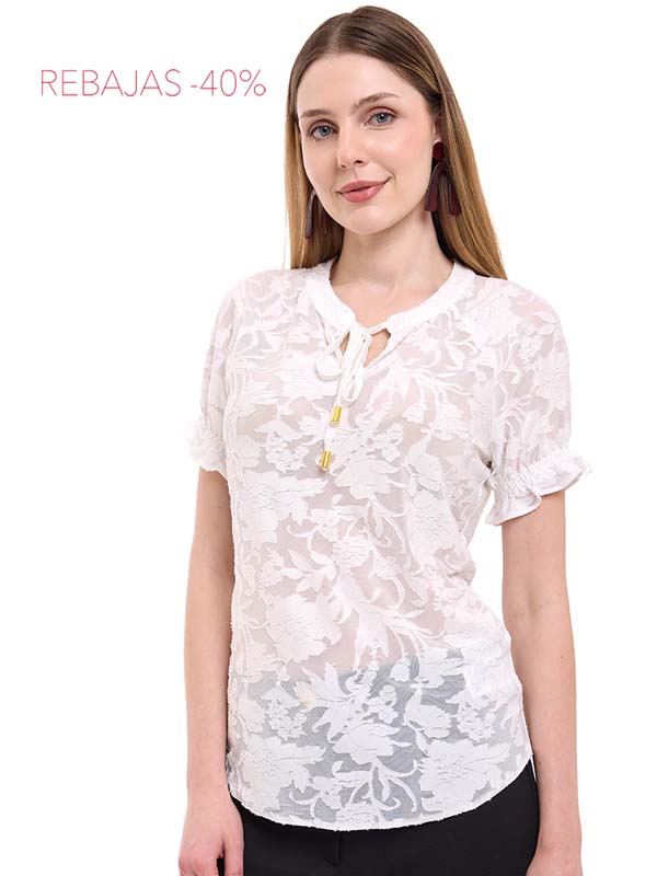 Blusa de Jersey Lisa con Cuello Redondo y Manga Corta
