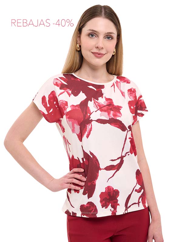 Blusa de Jersey con Estampado Floral y Manga Corta
